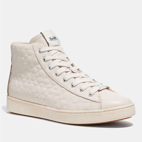 Coach C204 Logo Embossed Signature Leather High Top Lace Up Sneakers Chalk Sz 8 - Picture 1 of 12